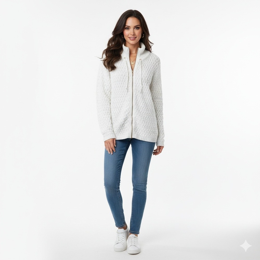 Liz and Co Cardigan Womens 1X White‎ Cable Knit Heavyweight Lounge Cozy Sweater